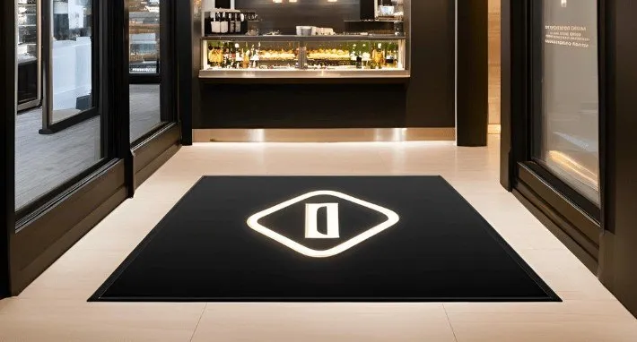 Logo rétroéclairé au sol dans l’entrée d’un établissement